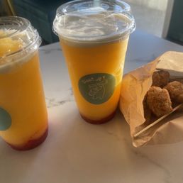Heavenly Mango with real strawberry and popcorn chicken Heavenly Mango with real strawberry and popcorn chicken