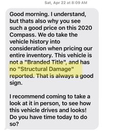 A text from TJ at Sign it Drive it confirming no structural damage- LIES A text from TJ at Sign it Drive it confirming no structural damage- LIES