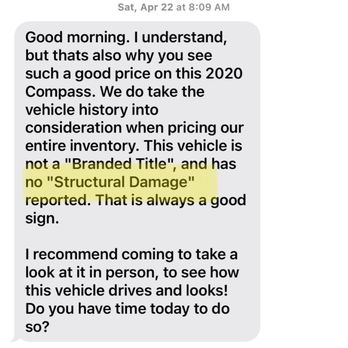 Sign It Drive It - A text from TJ at Sign it Drive it confirming no structural damage- LIES - Used Car Dealers Near Me - Denton, Texas Sign It Drive It - A text from TJ at Sign it Drive it confirming no structural damage- LIES - Used Car Dealers Near Me - Denton, Texas