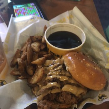 Buffalo Wild Wings - The promo burger with fries and au jus. - Chicken Wings Near Me - Casper, Wyoming Buffalo Wild Wings - The promo burger with fries and au jus. - Chicken Wings Near Me - Casper, Wyoming