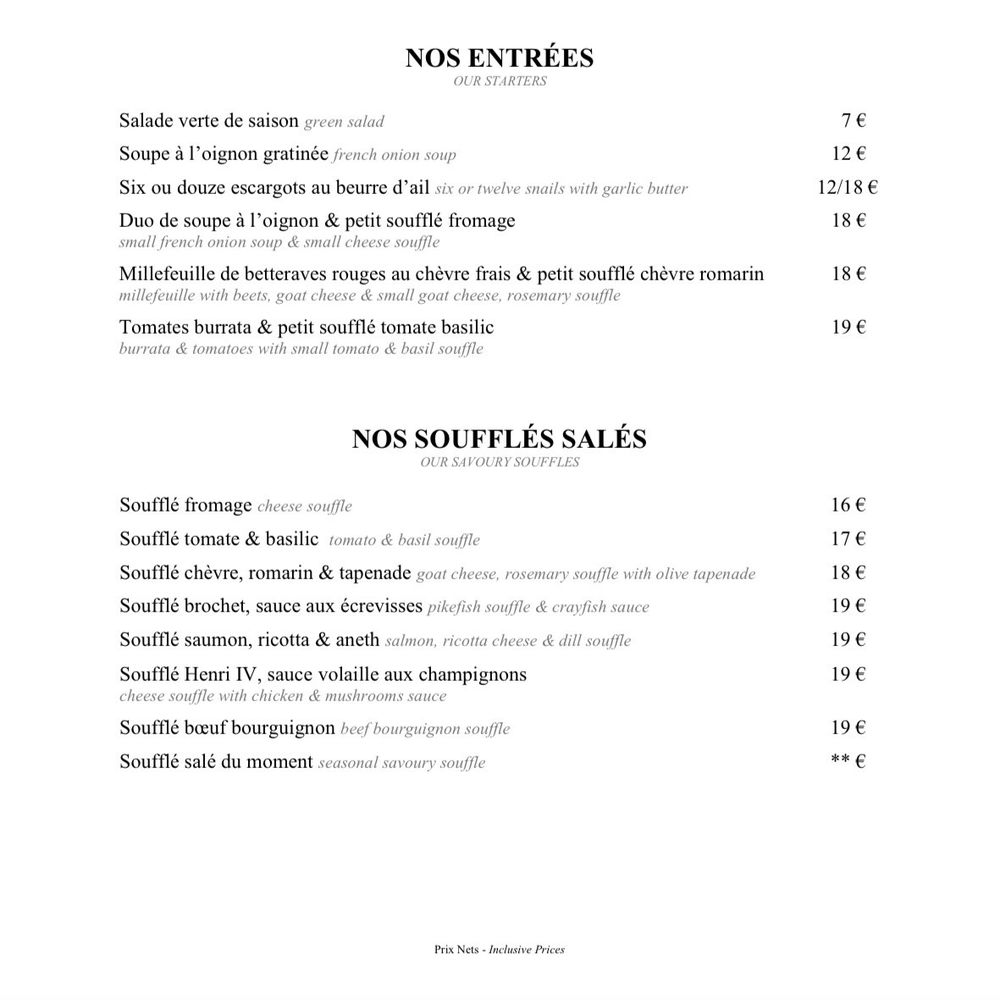 Le Soufflé - Menu September 2022 - French Near Me - Paris, 75