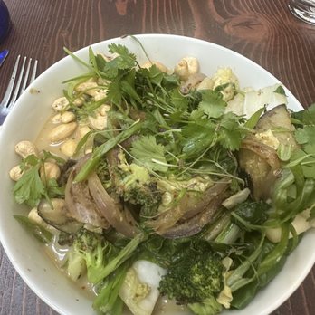 Be Love - Green bowl, lovely broth, love the bok choy, eggplant and cashews, nice ginger finish. Nourishing! - Vegan Near Me - Victoria, British Columbia