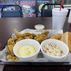 Lama’s Poboys - Oyster and fish plate with potato salad, coleslaw, Texas toast, hush puppies and Fries! Delicious!