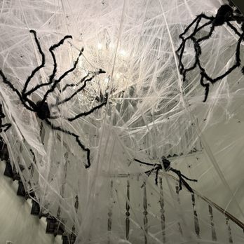 Newfields - Spider web decorations with black spiders are suspended from the ceiling in an indoor setting, likely for a Halloween or themed event. - Parks Near Me - Indianapolis, Indiana