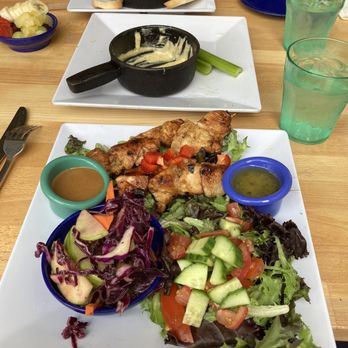 Van Gogh's Eeterie - DECIMATED Brandy fondue, and my chicken satay plate (Psst, sub the fries for a European greens salad, TELL EVERYONE!) - Breakfast & Brunch Near Me - Springfield, Missouri