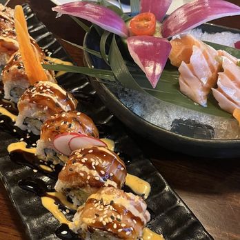 Kimu Sushi - i think this was the stinky roll (bottom) fatty tuna sashimi (middle right) and shrimp tempura (top) - Sushi Bars Near Me - Long Beach, California