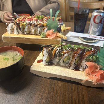 Yojimbo - (Front to back) Yojimbo Roll, Dragon Roll, Red Dragon Roll, complementary miso soups - Sushi Bars Near Me - Alameda, California Yojimbo - (Front to back) Yojimbo Roll, Dragon Roll, Red Dragon Roll, complementary miso soups - Sushi Bars Near Me - Alameda, California