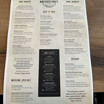 Mad Duck Craft - Back of menu - Brewpubs Near Me - Fresno, California
