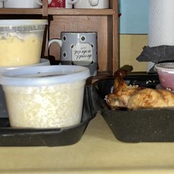 Fuego 360 Rotisserie Chicken - Size of their large sides, can of soda for scale.