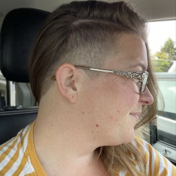 Teze Salon - Right profile view of haircut (sides shaved with medium-long hair on top swept over the side). - Hair Salons Near Me - Puyallup, Washington