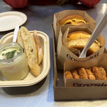 Eggslut - The Sausage, Egg & Cheese and the Fairfax and the Slut and hash browns - Breakfast & Brunch Near Me - Los Angeles, California