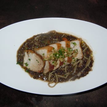Traif - roast pork belly, 'tipp's' beluga lentils, horseradish ravigout - New American Near Me - Brooklyn, New York Traif - roast pork belly, 'tipp's' beluga lentils, horseradish ravigout - New American Near Me - Brooklyn, New York