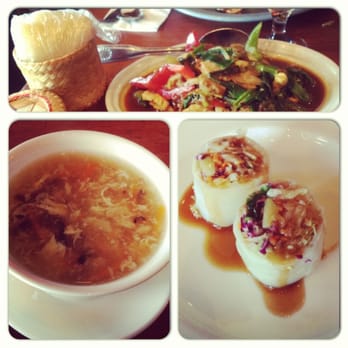 Lanna Thai - Complimentary soup and starters with an eggplant chicken entree and a side of sticky rice - Thai Near Me - Everett, Washington