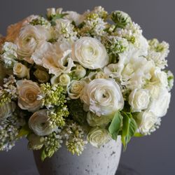 GRAVEL Florals and Curiosities - "Elegy in Ivory" a floral arrangement with white spray roses and white ranunculus in a pavé style