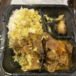 Curry Goat with Rice and Brussels Sprouts
