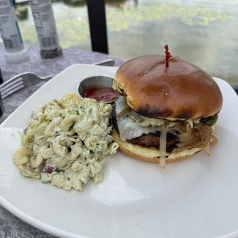 Rose's - Burger with pasta salad - Mediterranean Near Me - Grand Rapids, Michigan