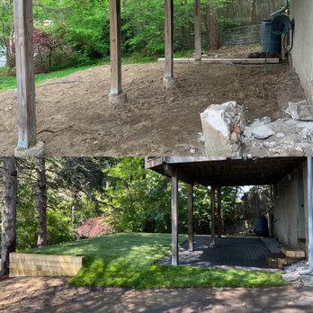 Lawn Jon Services - The top image shows a dirt area with support posts, while the bottom image displays a completed lawn and patio with a wooden border and pavers. - Landscaping Near Me