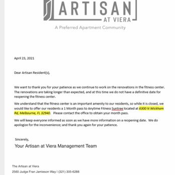 The Artisan at Viera - The gym is closed since April and no date in place to reopen. They leave this out when giving tours. - Apartments Near Me - Melbourne, Florida