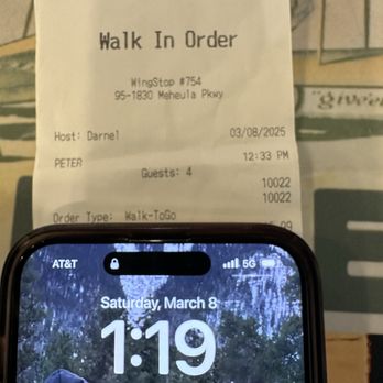 Wingstop - Look at the time from ordering... food came out 10 minutes after this photo, almost an hour!!! - Chicken Wings Near Me - Mililani, Hawaii