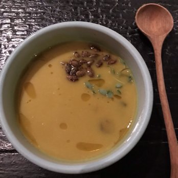 Robin - Butternut soup with chorizo oil and pine nuts - Sushi Bars Near Me - San Francisco, California Robin - Butternut soup with chorizo oil and pine nuts - Sushi Bars Near Me - San Francisco, California