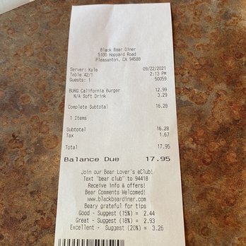 Black Bear Diner - Pleasanton - Ticket for lunch. California Burger + Diet Pepsi - American Near Me - Pleasanton, California Black Bear Diner - Pleasanton - Ticket for lunch. California Burger + Diet Pepsi - American Near Me - Pleasanton, California