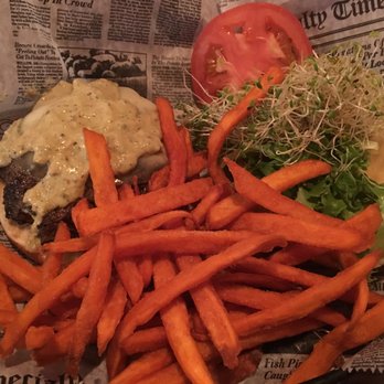 Higher Ground Char House - Cow-a-bunga Burger with Sweet Potato Fries - Burgers Near Me - Chapin, South Carolina