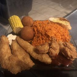 Fish Place - Missouri City - Corn, Crab balls, Jambalaya, Fried Shrimp and Fish