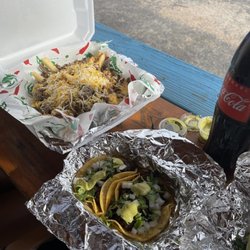 Mr Tacos - Barbacoa tacos and fajita fries with a coca mexicana
