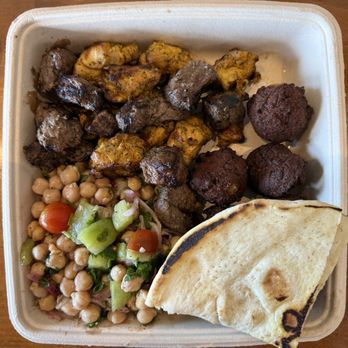 The Kebab Shop - 2 Skewer plate- Saffron Chicken- Steak-Side if falafel and citrus chickpea. - Mediterranean Near Me - Seal Beach, California The Kebab Shop - 2 Skewer plate- Saffron Chicken- Steak-Side if falafel and citrus chickpea. - Mediterranean Near Me - Seal Beach, California