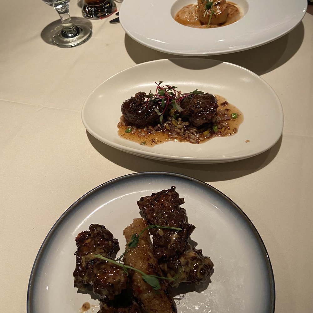 NoJa - Chicken Karaage with sesame sticky rice cake, Pork cheeks, shrimp and scallops. - New American Near Me - Mobile, Alabama NoJa - Chicken Karaage with sesame sticky rice cake, Pork cheeks, shrimp and scallops. - New American Near Me - Mobile, Alabama