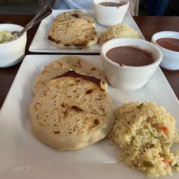 My plato tipico - 2 PUPUSAS COMBO (2) LQ (LOROCO Y QUESO) and CHICHARRON with rice and beans