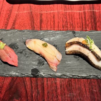 K’s Bistro - L-R: Tuna/Akami  -  Shima Aji -  Gindara (Black Cod) all were fresh excellent quality - delicious! - Sushi Bars Near Me - Costa Mesa, California