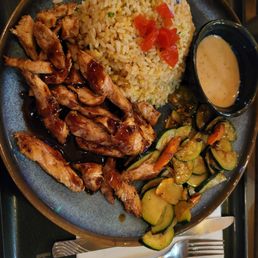 chicken teriyaki with fried rice and veggies
