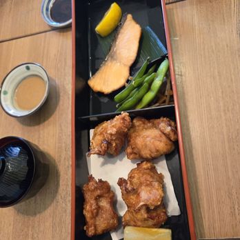 Sagami - Sagami Bento Box Part I: Karaage, Salmon Shioyaki, Salad Dressing, Miso Soup - Sushi Bars Near Me - Irvine, California Sagami - Sagami Bento Box Part I: Karaage, Salmon Shioyaki, Salad Dressing, Miso Soup - Sushi Bars Near Me - Irvine, California