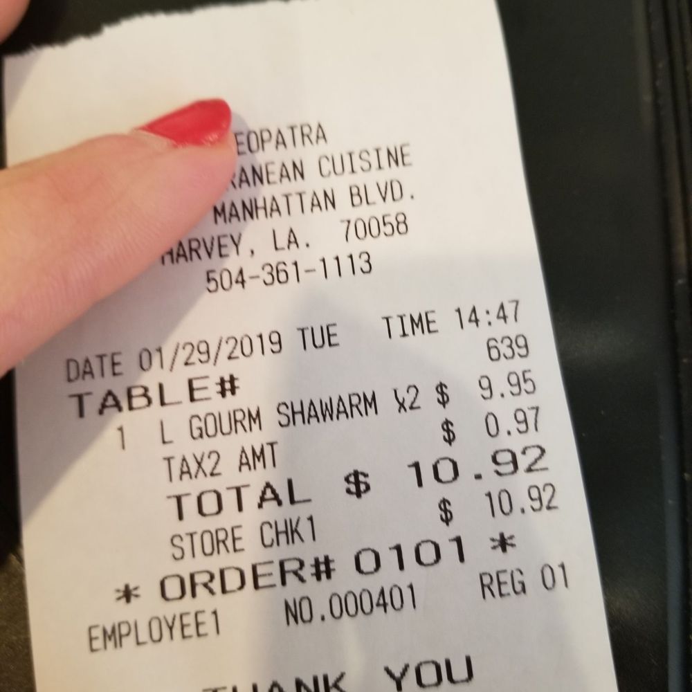 Cleopatra - Total for lunch before tip - Mediterranean Near Me - Harvey, Louisiana Cleopatra - Total for lunch before tip - Mediterranean Near Me - Harvey, Louisiana