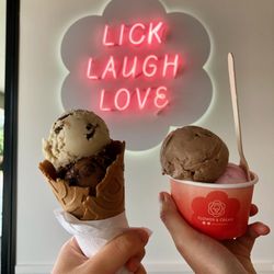 Flower & Cream - Left: Peanut Butter Cup and Choc Chip Cookie (both vegan) on cinnamon cone Right: Honey Roasted Strawberry and Biscoff Cookie Butter