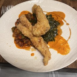 Catfish with collards and sweet potato hash