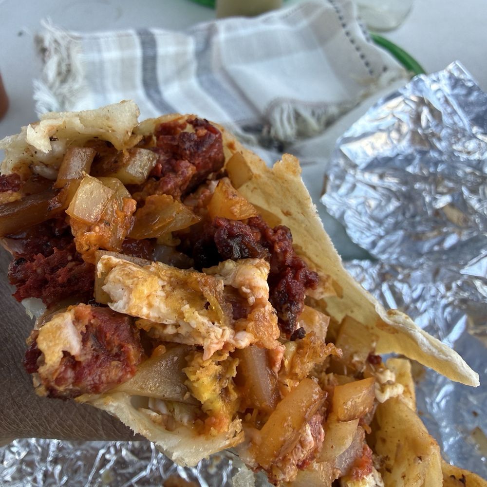 A&A Taqueria - Breakfast burrito with chorizo, eggs, potato - Food Trucks Near Me - Austin, Colorado