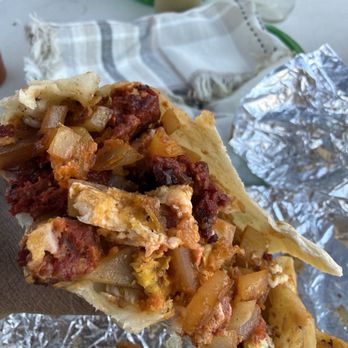 A&A Taqueria - Breakfast burrito with chorizo, eggs, potato - Food Trucks Near Me - Austin, Colorado