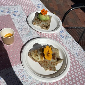 Michel's Corner - Mushroom Swiss crepe and complementary cider - Creperies Near Me - Durango, Colorado