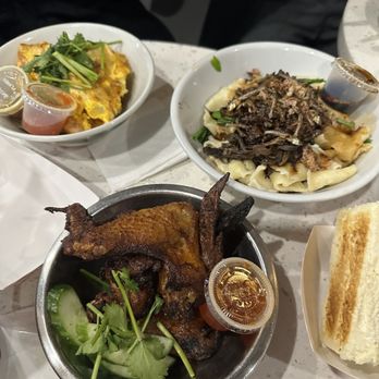 Kopitiam - Top left: Oh Chien Top right: Pan Mee Bottom: Belacan Wings - Malaysian Near Me - New York, New York
