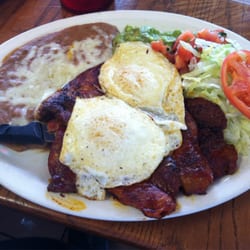Taqueria Jalisco - Carne Adovada plate with two over-easy eggs on top.