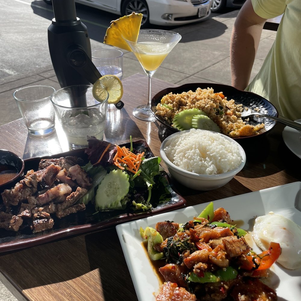 Khao Yai Thai Kitchen - Pineapple fried rice, ka pow pork belly, crying tiger, pineapple martini and basil smash (not shown was the salad rolls we inhaled) - Thai Near Me - Beaverton, Oregon Khao Yai Thai Kitchen - Pineapple fried rice, ka pow pork belly, crying tiger, pineapple martini and basil smash (not shown was the salad rolls we inhaled) - Thai Near Me - Beaverton, Oregon