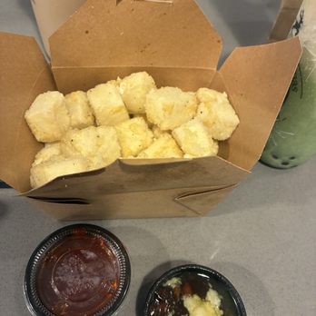 Boba Bar - Popcorn tofu, sweet and sour sauce (ketchup), garlic sauce (melted butter and minced garlic on top of ketchup, MIX WELL) - Bubble Tea Near Me - San Jose, California Boba Bar - Popcorn tofu, sweet and sour sauce (ketchup), garlic sauce (melted butter and minced garlic on top of ketchup, MIX WELL) - Bubble Tea Near Me - San Jose, California