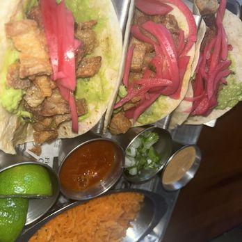 Blue Habanero - Pork Belly Chicharron Tacos with Mexican rice. - New Mexican Cuisine Near Me - Cleveland, Ohio