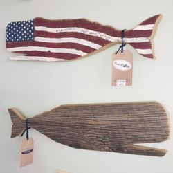 Cape Cottage - Whales made from reclaimed wood.