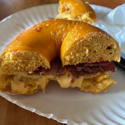Dunellen Bagel - Jalapeño Cheddar Bagel with bacon, egg, cheese and salt, pepper & ketchup