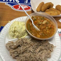 White Swan Bar-B-Que & Fried Chicken - Small plate of pulled pork bbq with Brunswick stew & potato salad
