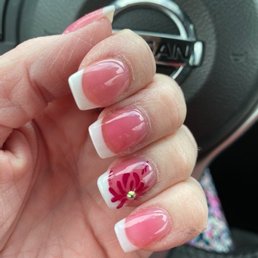 Flower design with jewel! Acrylic nails dark pink with French tips Flower design with jewel! Acrylic nails dark pink with French tips
