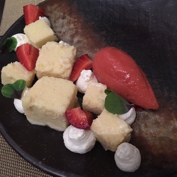 Gallery Restaurant - Tres leches with strawberry sorbet.  There is a tasty surprise hiding under the sorbet ;) - New American Near Me - Charlotte, North Carolina